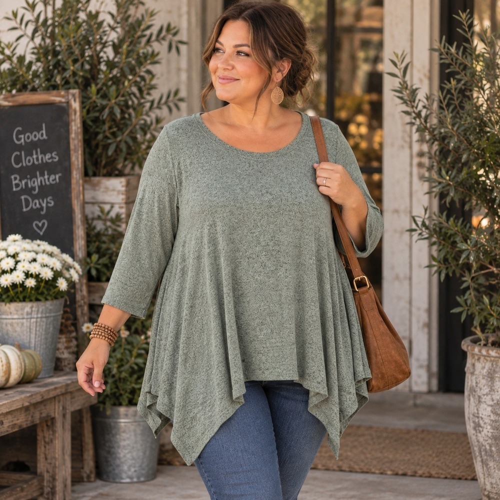 Green Envelope Anthropologie Tunic Top Sharkbite Hem Heathered Green Women's 1X